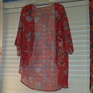 XL Red Floral Sheer Kimono Top